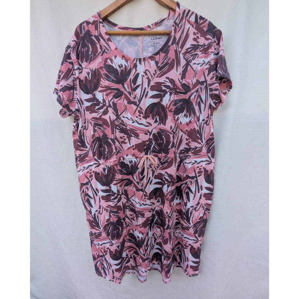 LL Bean Floral T Shirt Dress Womens XL Tencel Stretch‎ Drawstring Lounge Casual